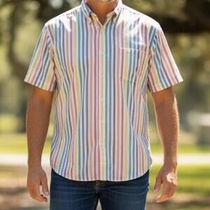 L.L. Bean Made in USA Medium 100% Cotton Pastel Striped Short Sleeve Camp Shirt